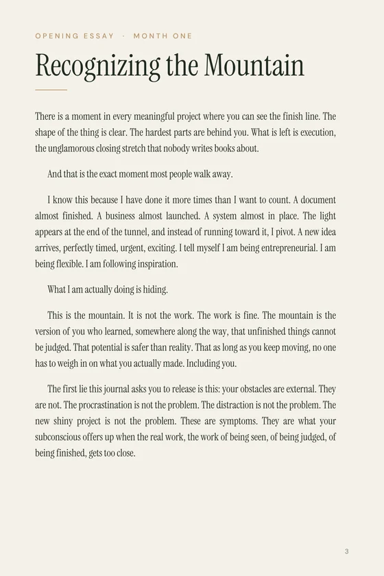 Opening essay page headed &lsquo;OPENING ESSAY · MONTH ONE&rsquo; with the display title &lsquo;Recognizing the Mountain&rsquo; and several paragraphs on the moment in any meaningful project where the finish line becomes visible.