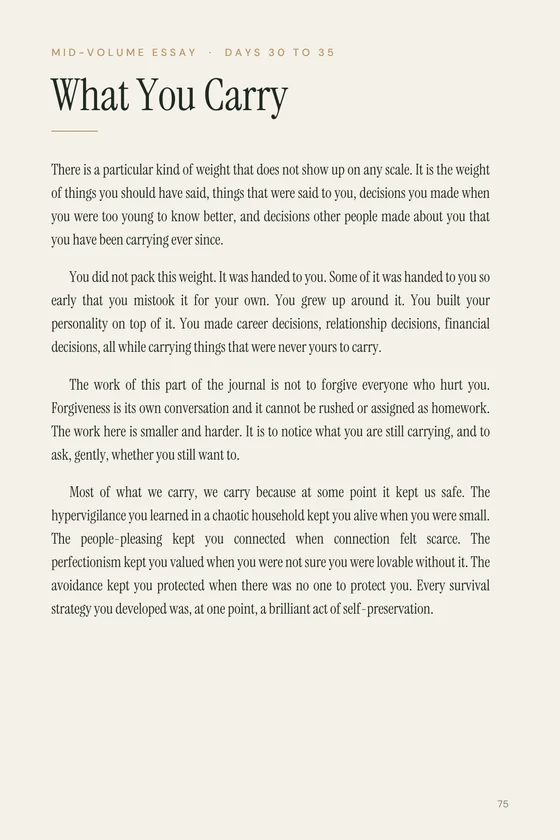 Essay page headed &lsquo;MID-VOLUME ESSAY · DAYS 30 TO 35&rsquo; with the display title &lsquo;What You Carry&rsquo; and paragraphs on the particular weight of things you should have said and decisions you made early.