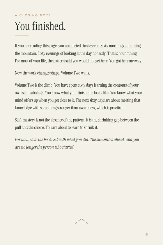 Closing page headed &lsquo;A CLOSING NOTE&rsquo; with the display line &lsquo;You finished.&rsquo; and paragraphs on completing the descent, ending with an invitation into Volume Two.