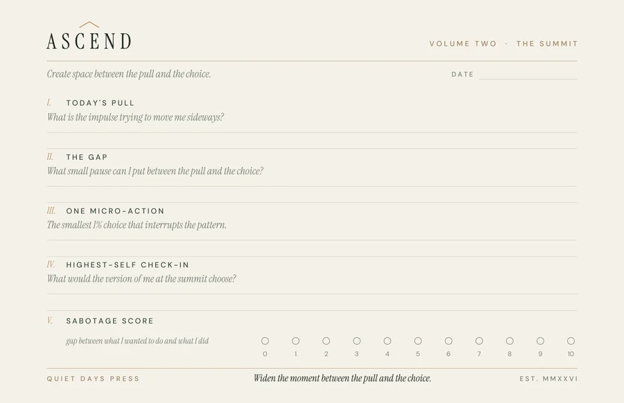 Back of the Ascend Framework Card, marked &lsquo;VOLUME TWO · THE SUMMIT&rsquo;: the headline &lsquo;Create space between the pull and the choice.&rsquo; above five numbered fields &mdash; today&rsquo;s pull, the gap, one micro-action, highest-self check-in, and the same sabotage score.