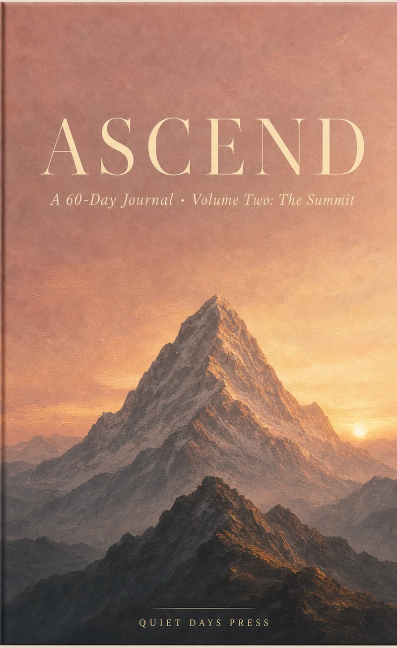 Ascend Volume Two paperback cover: the word ASCEND in letterspaced cream serif capitals over a painted mountain peak at sunrise, with the line 'A 60-Day Journal · Volume Two: The Summit' and the Quiet Days Press imprint at the foot.
