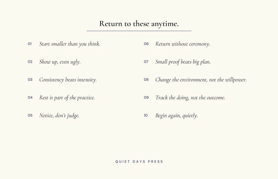 Back of the One Percent Daily Card, headed &lsquo;Return to these anytime&rsquo;: the ten Kaizen principles in two numbered columns, from &lsquo;start smaller than you think&rsquo; through &lsquo;track the doing, not the outcome&rsquo; to &lsquo;begin again, quietly&rsquo;.