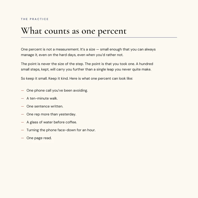 Interior page headed &lsquo;What counts as one percent&rsquo;, explaining that one percent is a size rather than a measurement, followed by seven dashed examples: one phone call you have been avoiding, a ten-minute walk, one sentence written, one rep more than yesterday, a glass of water before coffee, turning the phone face-down for an hour, one page read.
