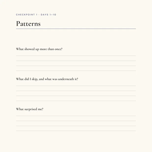 Interior checkpoint page headed &lsquo;Patterns&rsquo; with ruled space under three questions: what showed up more than once, what did I skip and what was underneath it, and what surprised me.