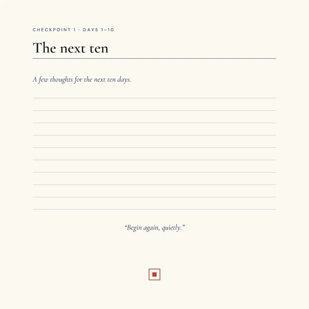 Interior checkpoint page headed &lsquo;The next ten&rsquo; with the italic line &lsquo;A few thoughts for the next ten days&rsquo;, ruled space, and the closing note &lsquo;Begin again, quietly&rsquo;.