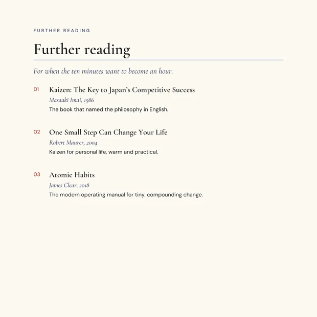 Interior page headed &lsquo;Further reading&rsquo;, a short numbered list of books on habits and continuous improvement with a line of description under each.