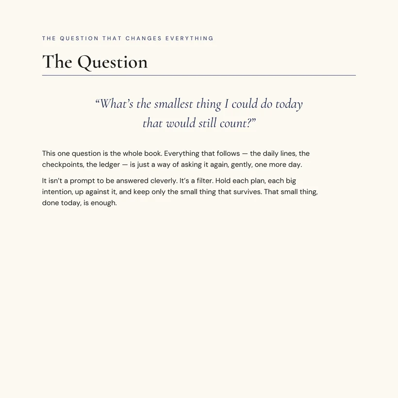 Interior page headed &lsquo;The Question&rsquo;, with the italic line &lsquo;What&rsquo;s the smallest thing I could do today that would still count?&rsquo; set large, followed by two short paragraphs explaining that the question is a filter rather than a clever prompt.