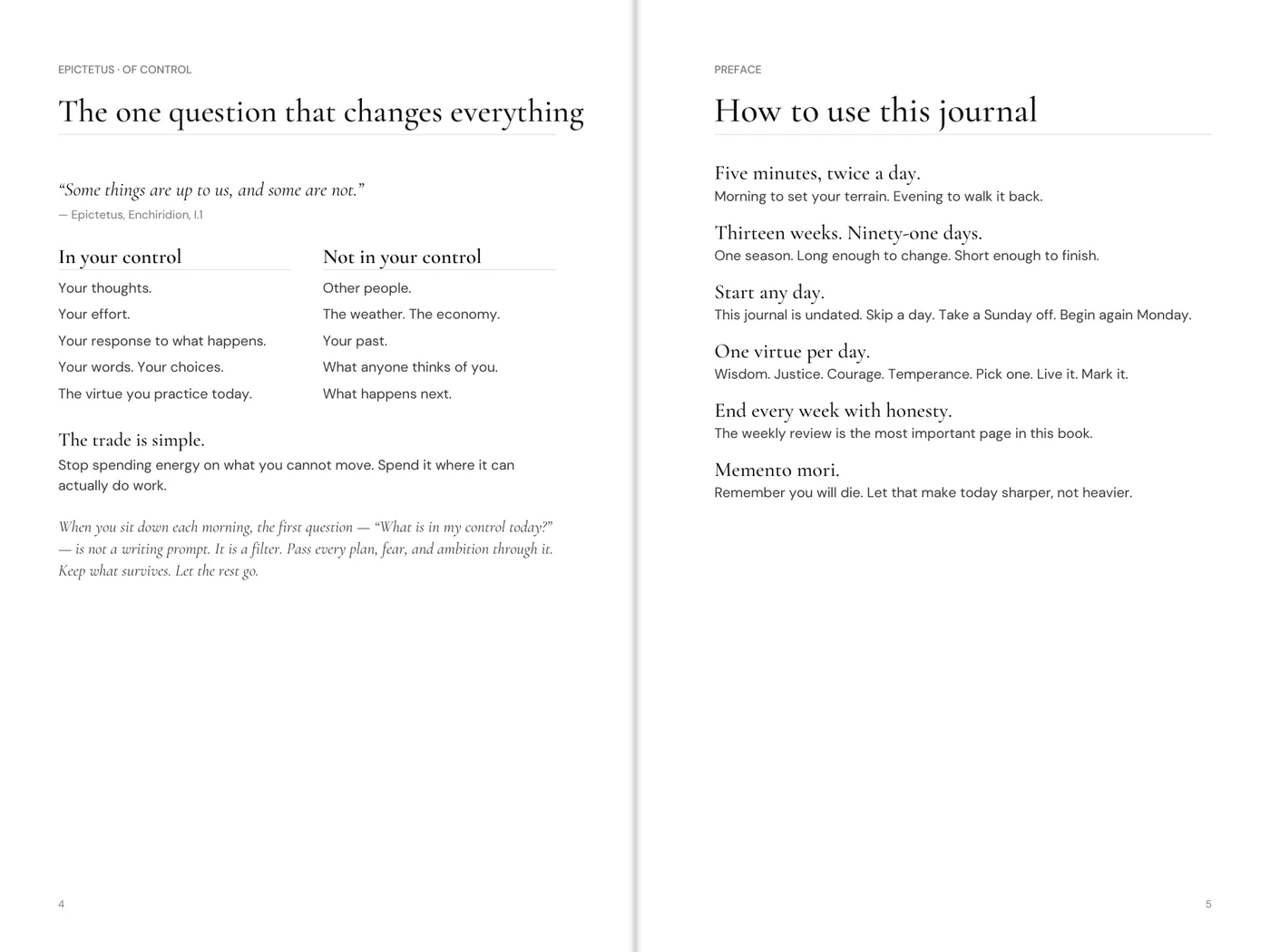 Interior spread. Left page: 'The one question that changes everything', with two columns listing what is in your control and what is not. Right page: a preface headed 'How to use this journal'.